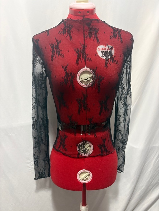 None Tops - Sheer Black Lace Overlay Top - Red Base